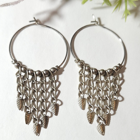 Handmade Jewelry - Vintage Handmade Silver Tone Leaf & Chain Hoop Dangle Earrings